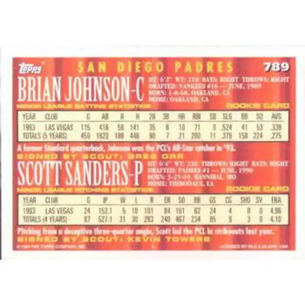 1994 Topps Brian Johnson / Scott Sanders CA, RC # 789 San Diego Padres